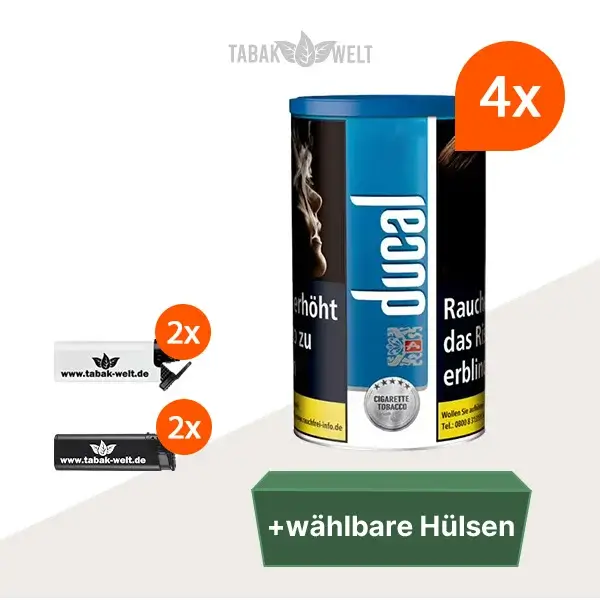 ducal-blau-feinschnitt-tabak-4x-dose-mit-waehlbaren-huelsen-und-feuerzeugen