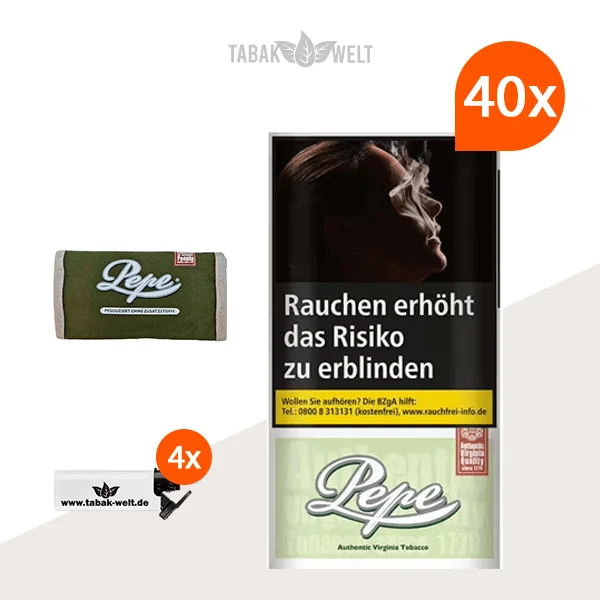 Pepe Bright Green Drehtabak 40x Pouch mit Pepe Tabaktasche