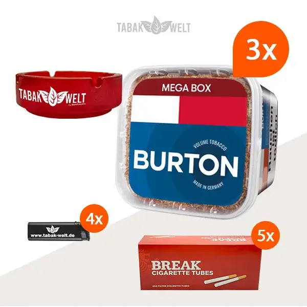 Burton Blue Volumentabak 3x Mega Box mit 1000 Hülsen und Glas Aschenbecher