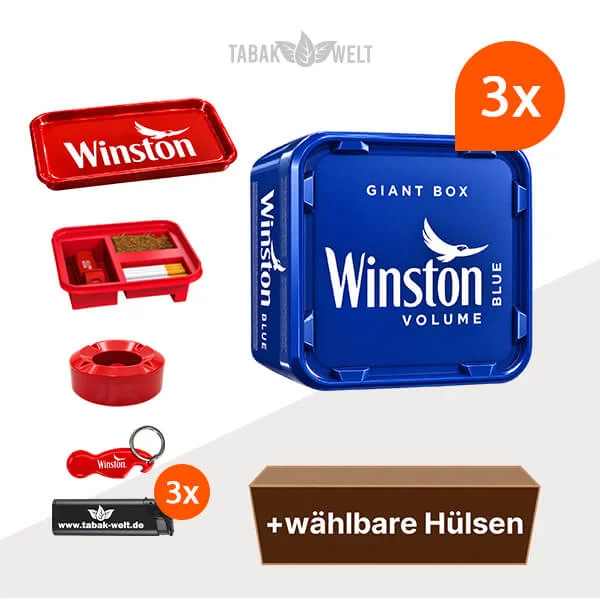Winston Blue Volumentabak im 3er-Pack Giant-Box mit wählbaren Hülsen und Aktionszubehör
