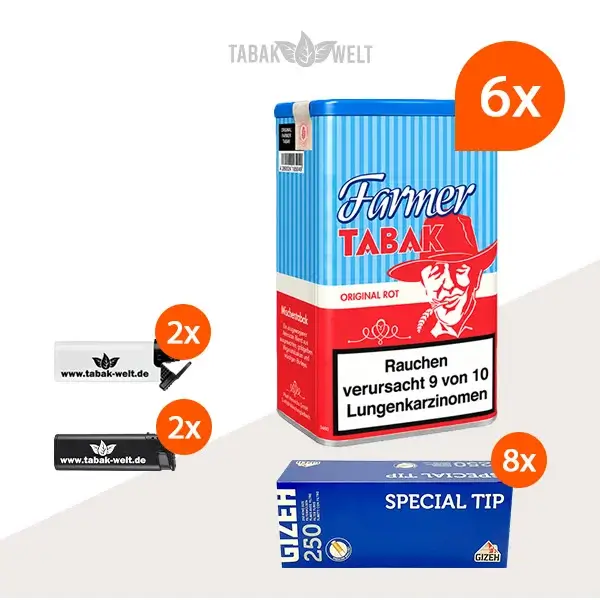 Farmer Rot Pfeifentabak 6x Dose mit 2000 Special Tip Hülsen