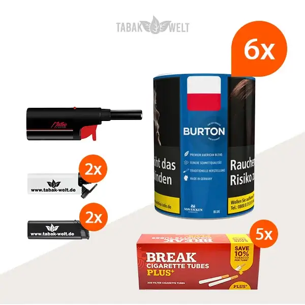 Burton Blue Feinschnitt-Tabak 6x Dose mit 1000 Plus Hülsen und Stabfeuerzeug 