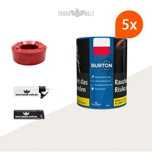 Burton Blue Feinschnitt-Tabak 5x Dose mit Windaschenbecher 