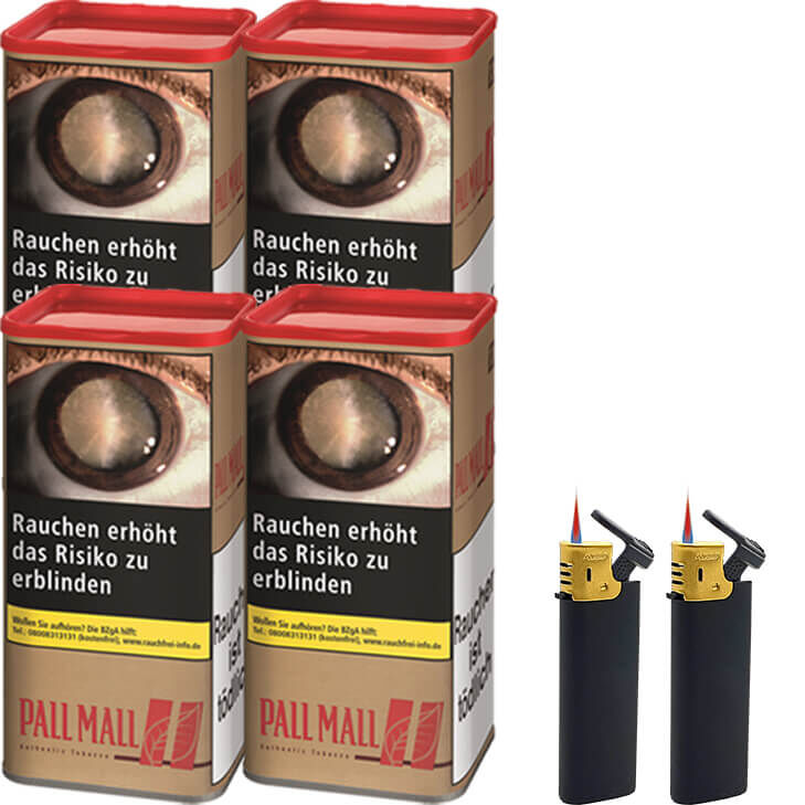 Pall Mall Tabak Authentic Red 4 x Dose mit Feuerzeugen