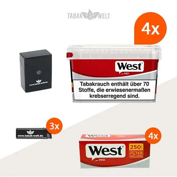 west-red-volumentabak-4x-mega-box-mit-1000-special-size-huelsen-und-feuerzeugen