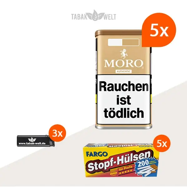 Moro Authentic Feinschnitt Tabak 5x Vorratsdose mit 1000 King Size Hülsen und Feuerzeugen