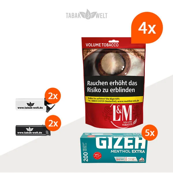 L&M Red Volumentabak 4x Beutel mit 1000 Menthol Filterhülsen und Feuerzeugen