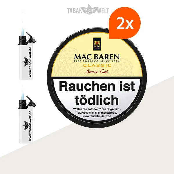 Mac Baren Classic Loose Cut Pfeifentabak – 2x Dose mit FeuerzeugenMac Baren Classic Loose Cut Pfeifentabak – 2x Dose mit Feuerzeugen