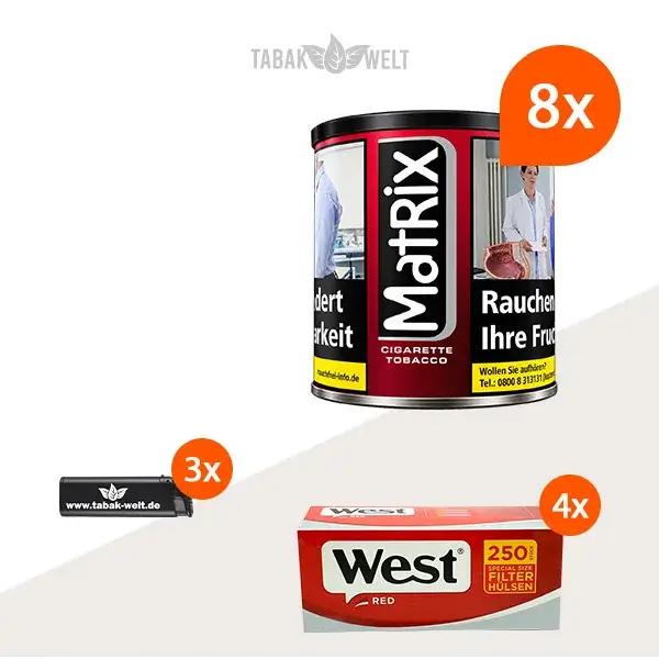 Matrix Red Feinschnitt Tabak, 8 Dosen mit 1000 Special Size Filterhülsen