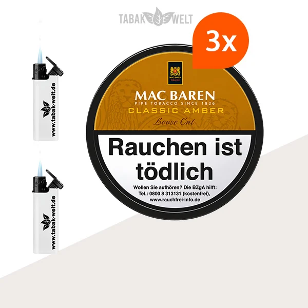 Mac Baren Classic Amber Tabak 3er-Dosen-Set mit Feuerzeugen