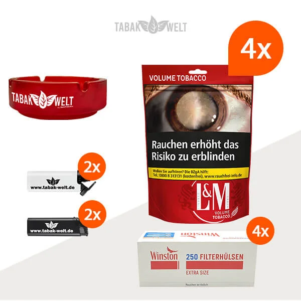 L&M Red Volumentabak 4x Beutel mit 1000 Hülsen und Aschenbecher