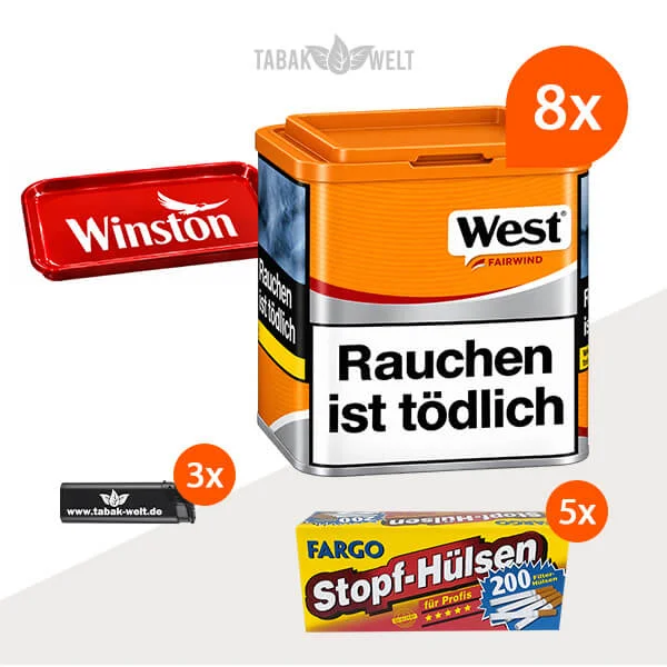 West Yellow Volumentabak 8er-Dosen-Set mit 1000 Stopfhülsen und Stopftablett