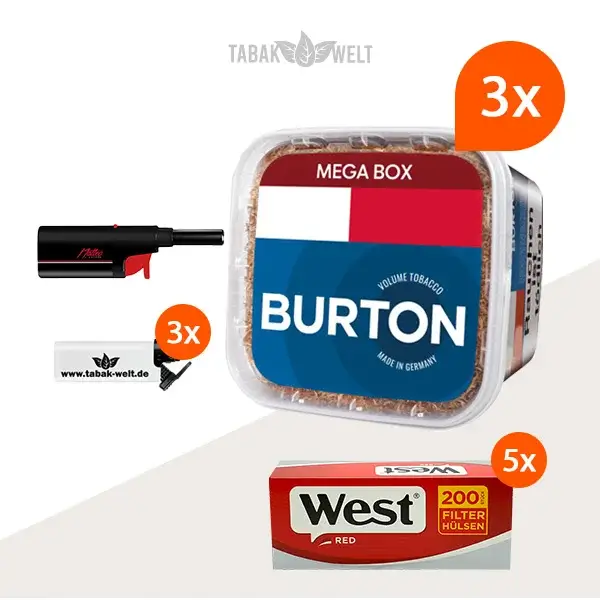 Burton Blue Volumentabak 3x Mega Box mit 1000 Filterhülsen und Stabfeuerzeug