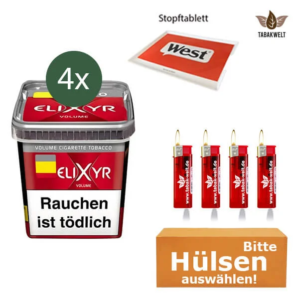 Elixyr Volumentabak Red 4 x Eimer mit wählbaren Filterhülsen und LED-Feuerzeug Elixyr Volumentabak Red 4 x Eimer mit wählbaren Filterhülsen und LED-Feuerzeug