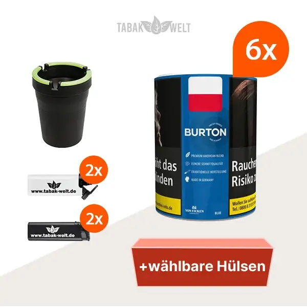 burton-blue-feinschnitt-tabak-6x-dose-mit-waehlbaren-huelsen-und-auto-aschenbecher