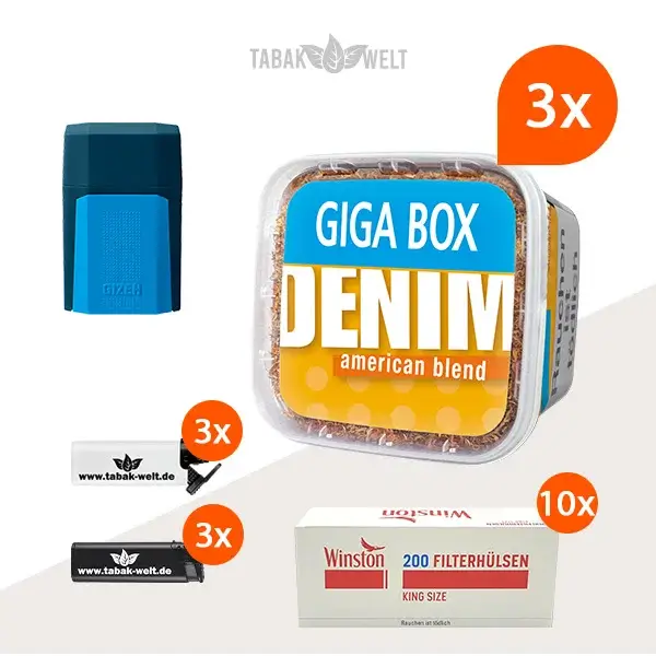 Denim Blend Volumentabak 3x Giga Box mit 2000 Filterhülsen und Etui