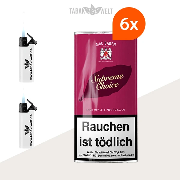 Mac Baren Supreme Choice Pfeifentabak – 6 Pouches mit Feuerzeugen