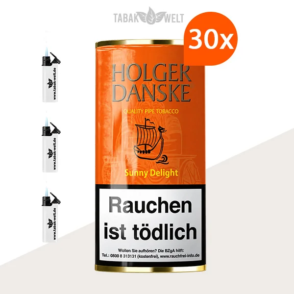 Holger Danske Sunny Delight Pfeifentabak im 30er-Pouch-Pack mit Feuerzeugen