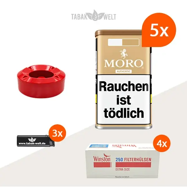 Moro Authentic Feinschnitt Tabak mit 5 Vorratsdosen und insgesamt 5000 Extra Size Hülsen