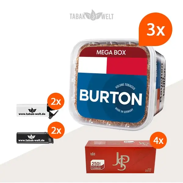 Burton Blue Volumentabak 3x Mega Box mit 1000 Special Size Hülsen und Sturmfeuerzeugen 