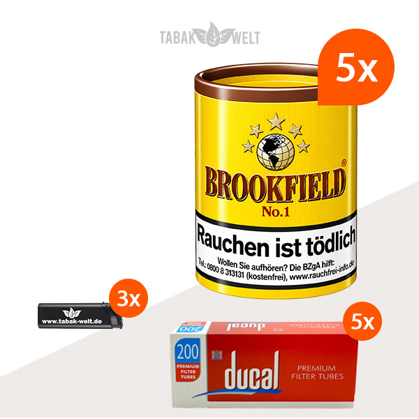 Brookfield No. 1 Pfeifentabak 5er-Set mit 1.000 Hülsen und Feuerzeugen