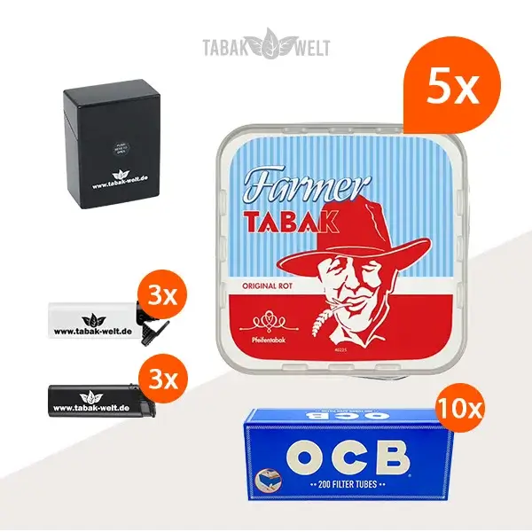 Farmer Original Rot Pfeifentabak 5x Eimer mit 2000 OCB Hülsen
