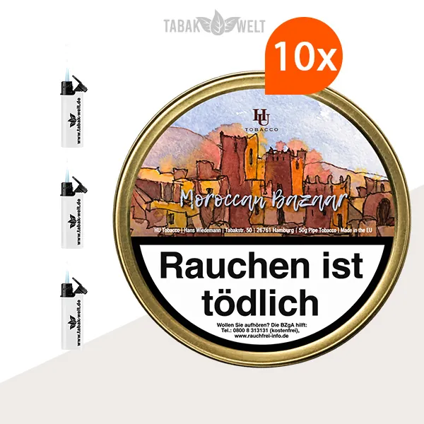 HU Tobacco Moroccan Bazaar Pfeifentabak – 10 Dosen mit Feuerzeugen