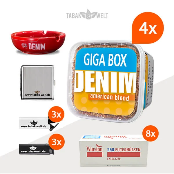 Denim Blend Volumentabak 4x Giga Box mit 2000 Extra Size Hülsen und Etui