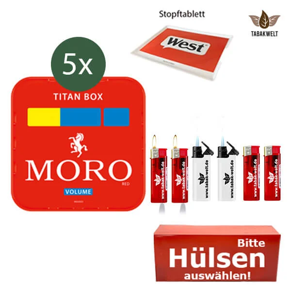 Moro Volumentabak 5 x Titan Box mit wählbaren Filterhülsen und Stopftablett