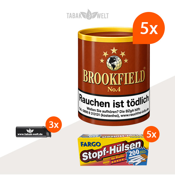 Brookfield No. 4 Pfeifentabak 5 x 100 g – Set mit 1.000 Zigarettenhülsen