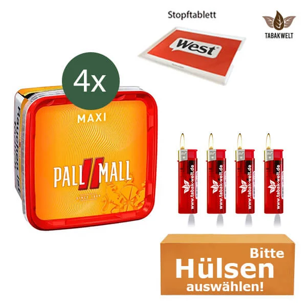 Pall Mall Volumentabak 4 x Maxi Box mit wählbaren Hülsen und Stopftablett