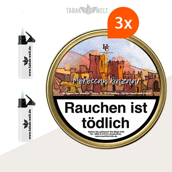 HU Tobacco Moroccan Bazaar Pfeifentabak – 3 Dosen mit Feuerzeugen