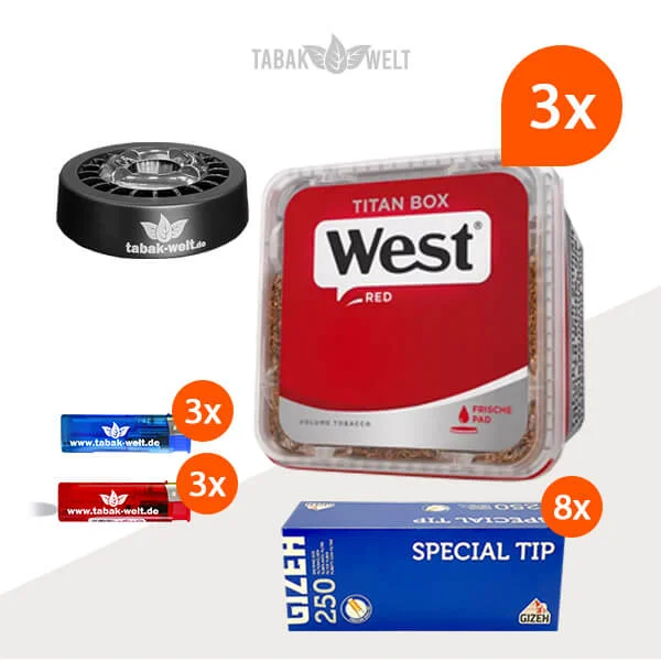 West Red Volumentabak 3x Titan Box mit 2000 Gizeh Hülsen und Aschenbecher
