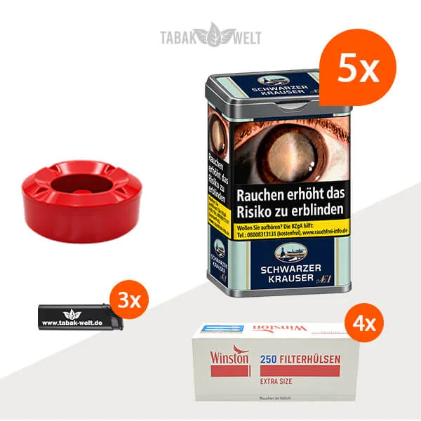 Schwarzer Krauser No. 1 Feinschnitt-Tabak, 5 Dosen mit insgesamt 1.000 Extra-Size-Zigarettenhülsen.