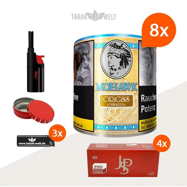 mohawk-origins-feinschnitt-tabak-5x-dose-mit-1000-special-size-huelsen-und-feuerzeugen