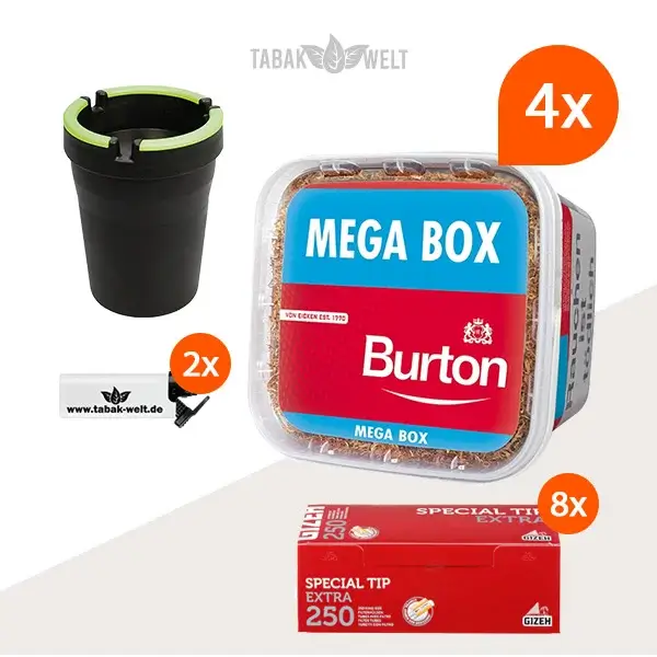 Burton Red Volumentabak 4x Mega Box mit 2000 Special Tips Extra Hülsen und Auto-Aschenbecher