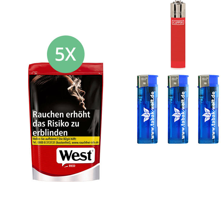 West Tabak XL Red 5 x Beutel mit Clipper Feuerzeug