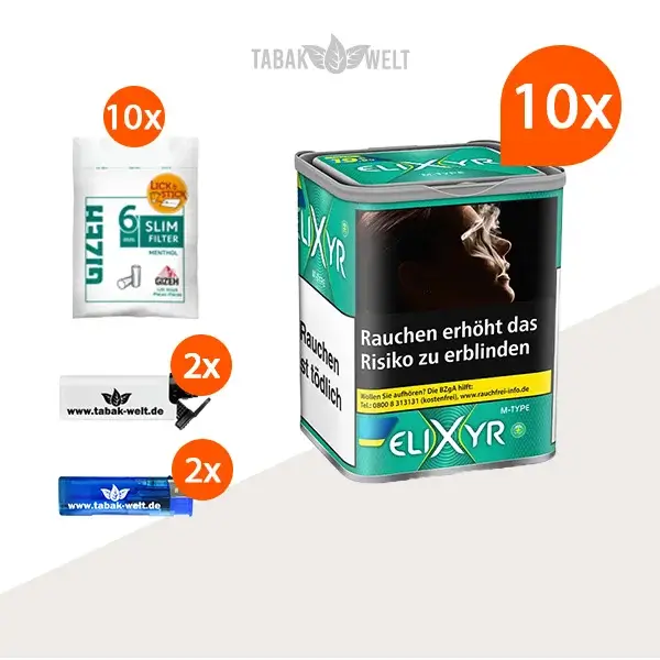 Elixyr Feinschnitttabak Menthol Plus 10x Dose mit Gizeh Slim Filter Menthol