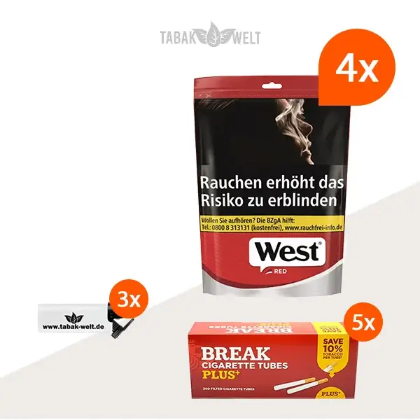 west-red-volumentabak-4x-beutel-mit-1000-filterhuelsen-und-sturmfeuerzeugen