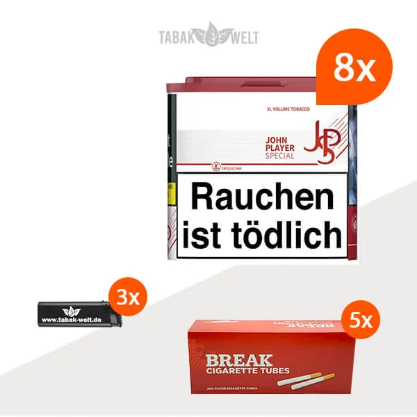 JPS Red Volumentabak 8x Dose mit 1000 Hülsen und Feuerzeugen