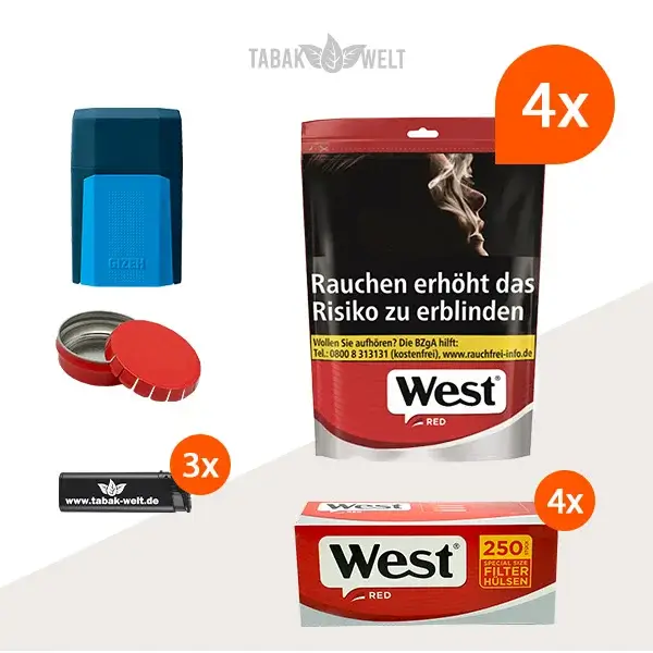 west-red-volumentabak-4x-beutel-mit-mini-aschenbecher-und-1000-huelsen