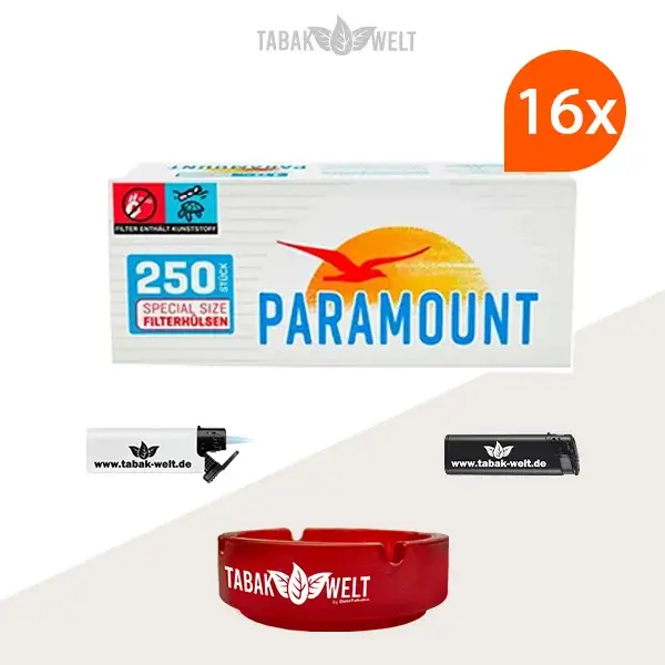 16x Paramount Blue Special Size Filterhülsen 250er (4000 Stück) mit Aschenbecher