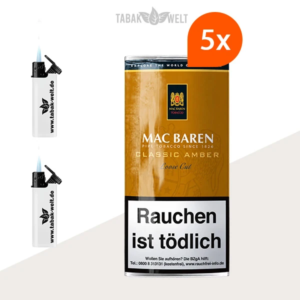 Mac Baren Classic Amber Tabak 5er-Pouch-Set mit Feuerzeugen
