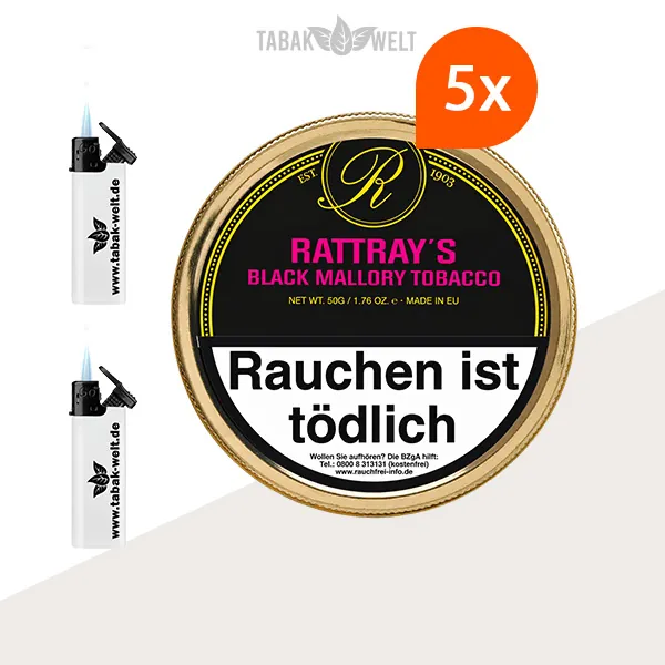 Rattray’s British Selection Black Mallory Pfeifentabak, 5er-Box mit Feuerzeugen