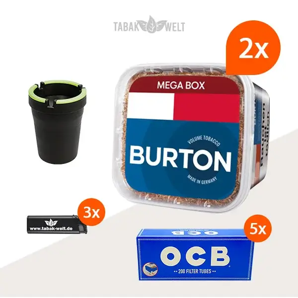 Burton Blue Volumentabak 2x Mega Box mit 1000 King Size Hülsen und Auto-Aschenbecher