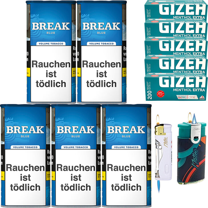 Break Volumentabak Blue / Blau 5 x Dose mit 1000 Menthol Extra Hülsen