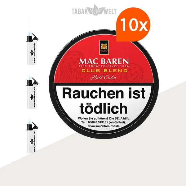 Mac Baren Club Blend Pfeifentabak 10er-Dosen-Set mit Feuerzeugen