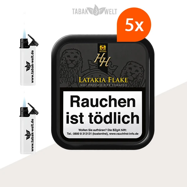 HH Latakia Flake Pfeifentabak – 5 Dosen mit Feuerzeugen im Set