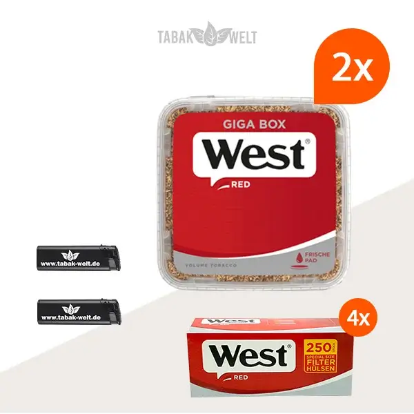 west-red-volumentabak-2x-giga-box-mit-feuerzeugen-und-1000-huelsen
