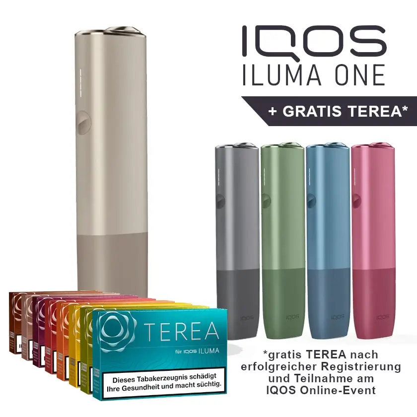 Die Iqos Iluma One in all seinen Farben. Dazu gratis Terea Sticks in allen Geschmaeckern